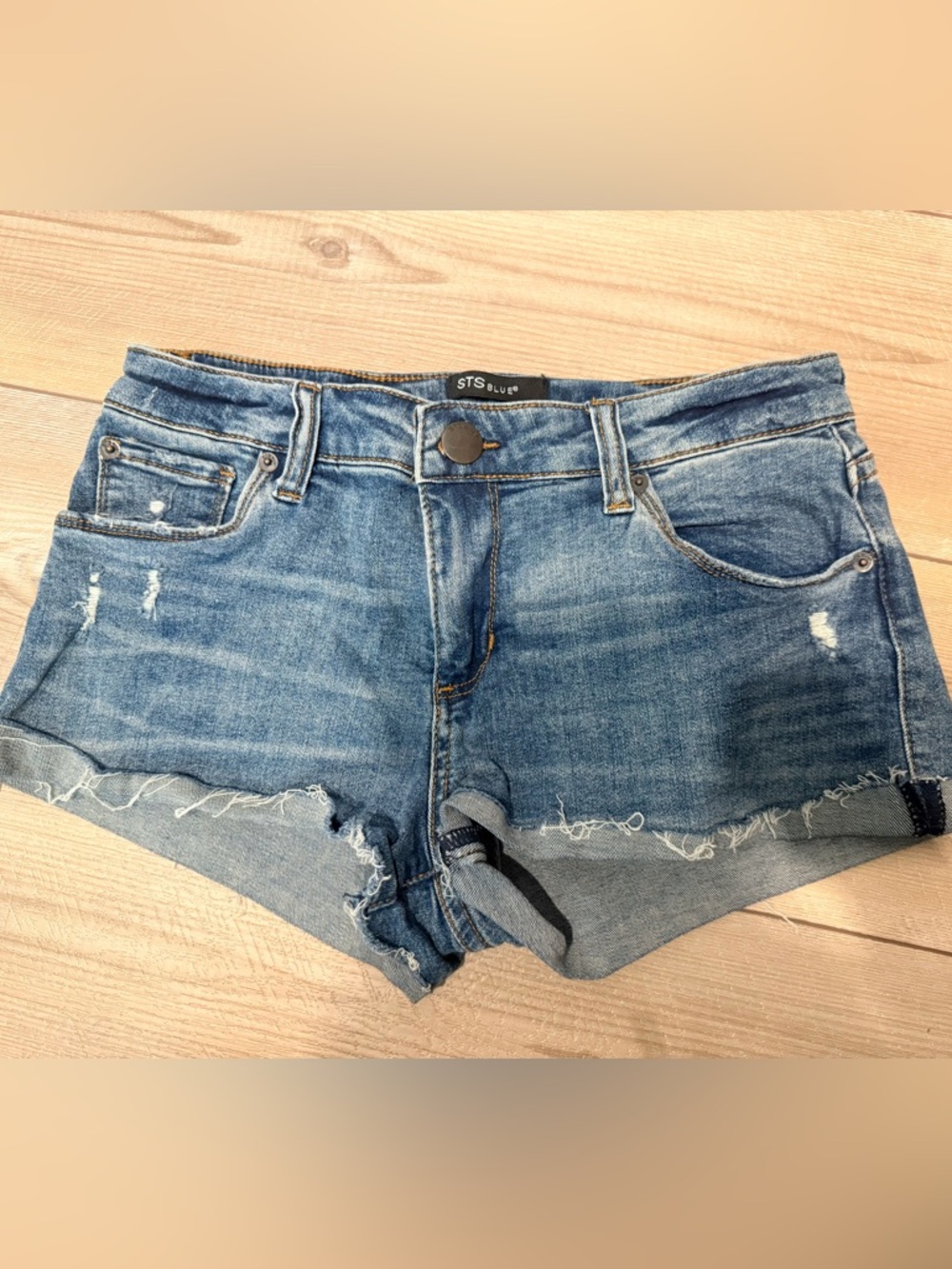 STS Blue Distressed Denim Shorts in Medium Blue
